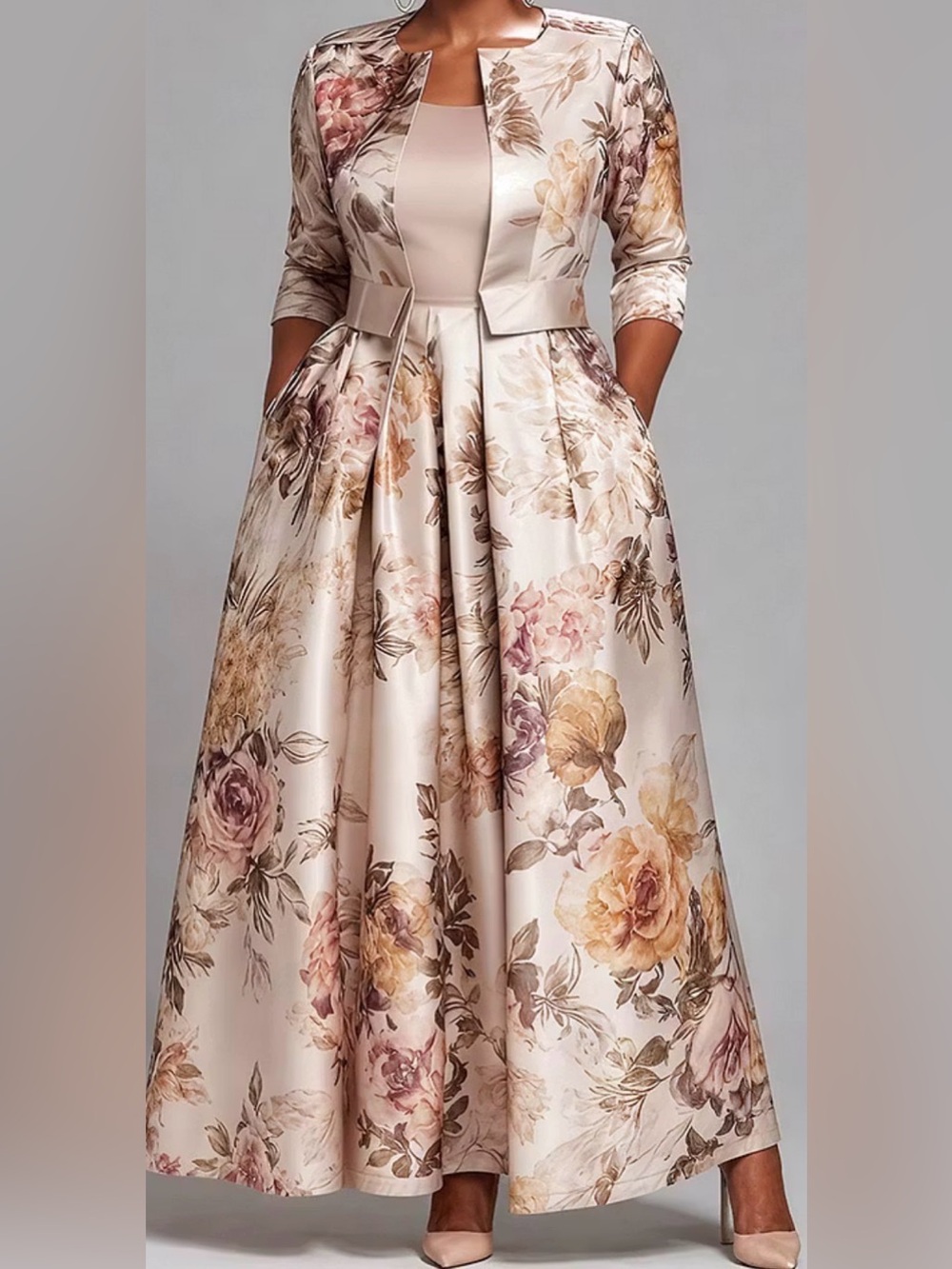 XPlusWear / Floral Satin Maxi Dress with Matching Jacket - Cream Floral